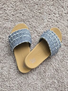 Woven Navy & Tan Slide Sandals for Women